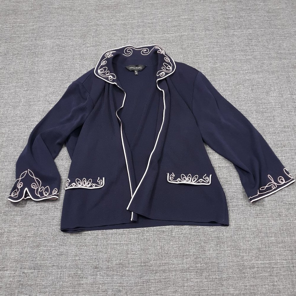 Ming Wang Cardigan Sweater Open Front Hook Closure Women Size PL Navy Collared